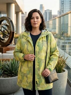 Columbia Sportwear Yellow Green Geometric Stripes Hooded Rain Jacket Plus Sz 1XL